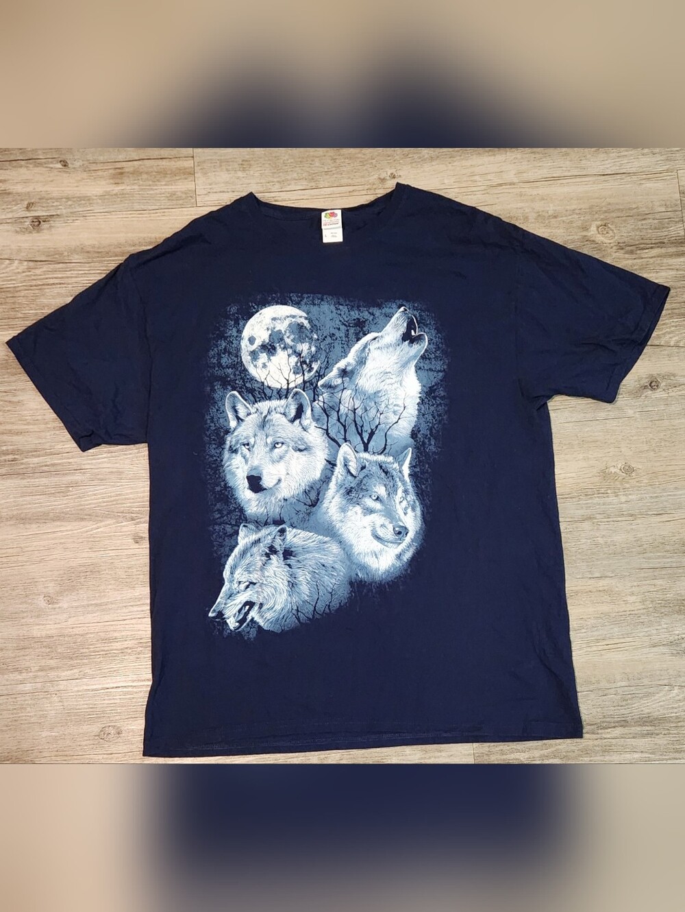 Vintage Wolves and Moon T-shirt Mens Large Y2K Streetwear Navy blue